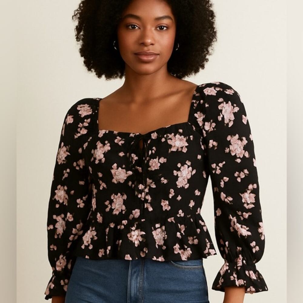 Autumn Adeigbo Mallory Silk Floral Lace-Up Peplum Blouse Black and Pink Size 2